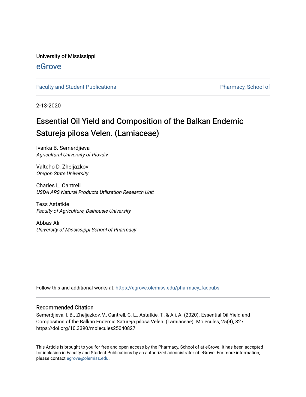 Essential Oil Yield and Composition of the Balkan Endemic Satureja Pilosa Velen