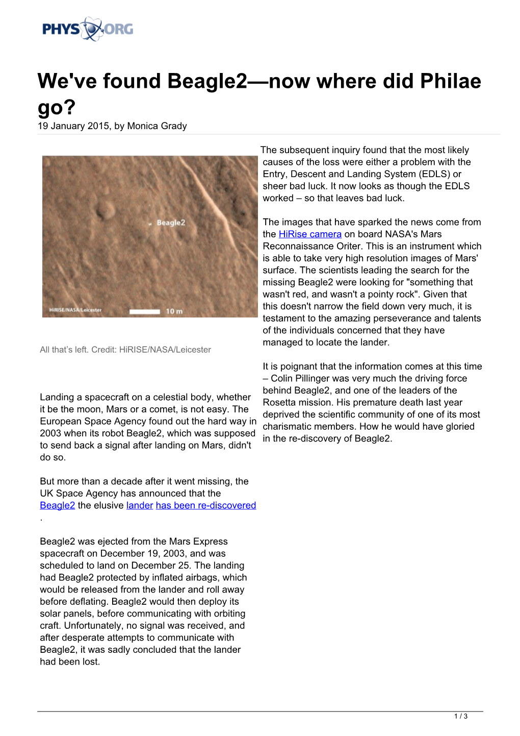 We've Found Beagle2—Now Where Did Philae Go? 19 January 2015, by Monica Grady