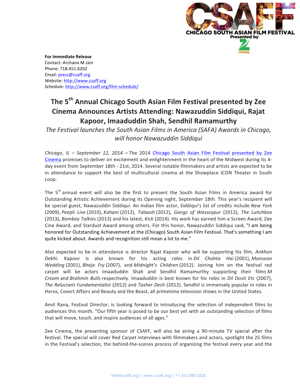 Sep 12, 2014 – the 5Th Annual Chicago South Asian Film Festival