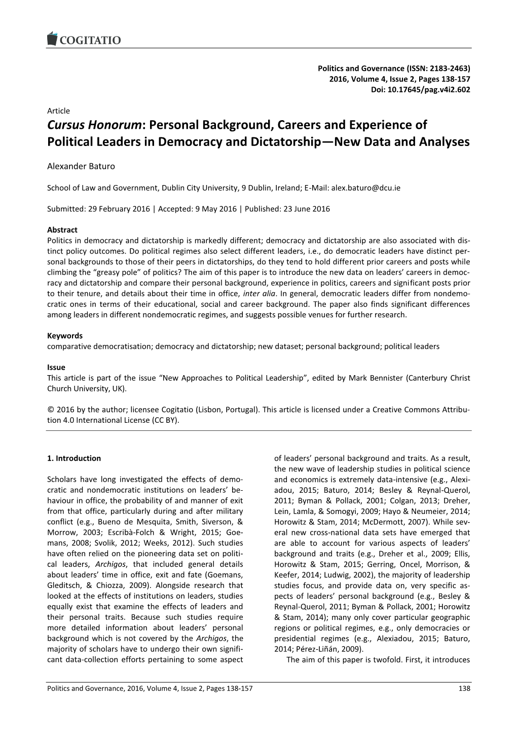 Cursus Honorum: Personal Background, Careers and Experience of Political Leaders in Democracy and Dictatorship—New Data and Analyses