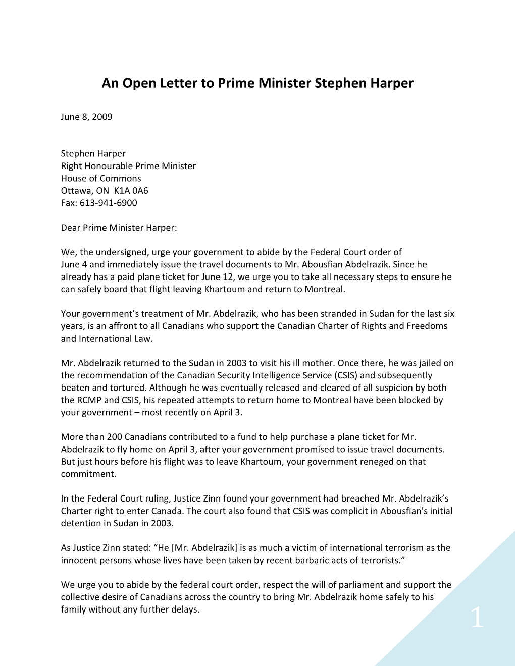 Open Letter to PM Stephen Harper from Saskatchewan