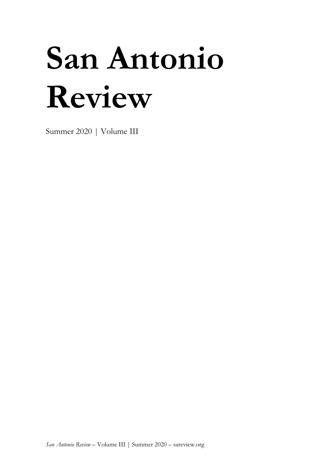 San Antonio Review (Volume III Summer 2020)