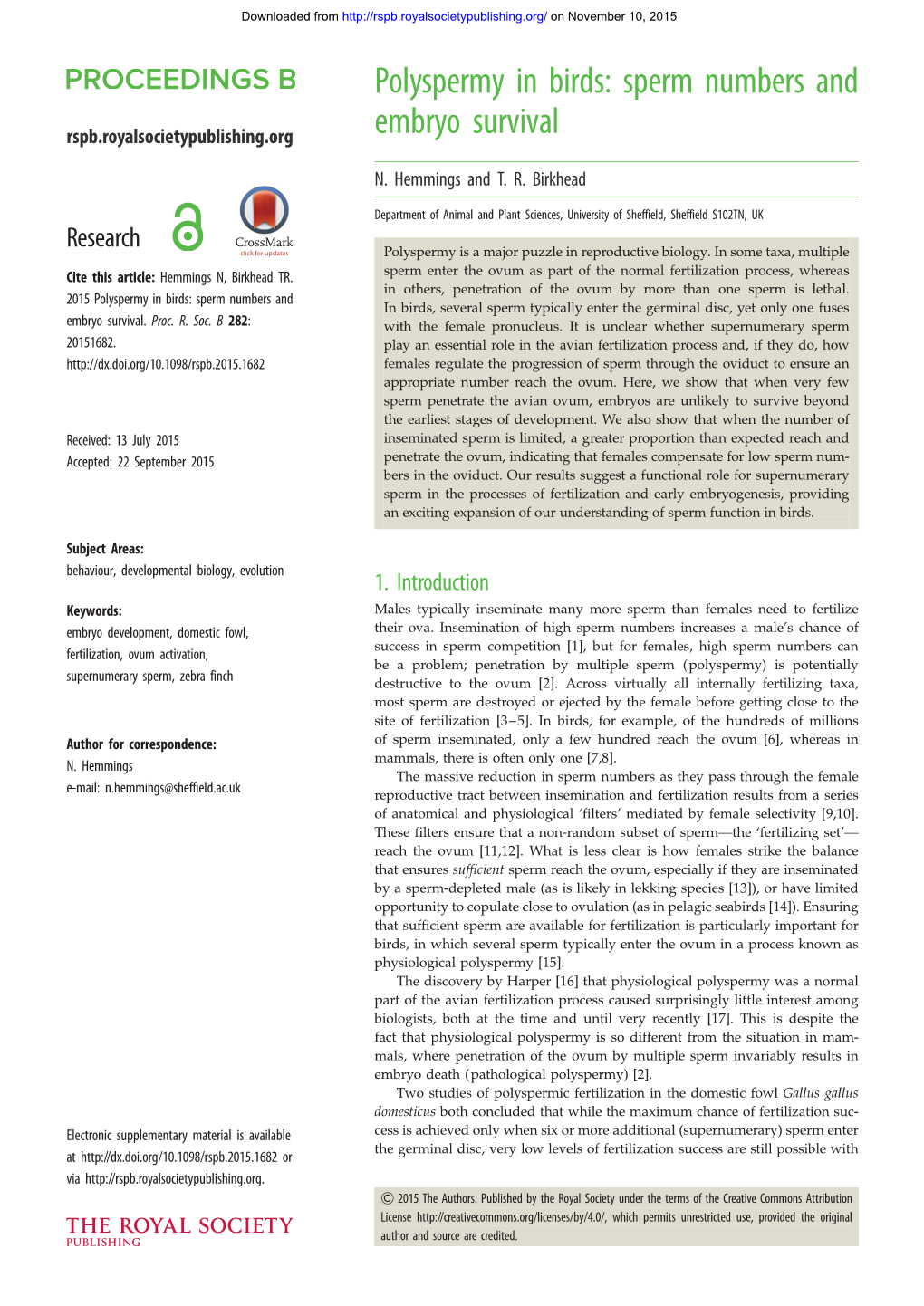 Polyspermy in Birds: Sperm Numbers and Embryo Survival