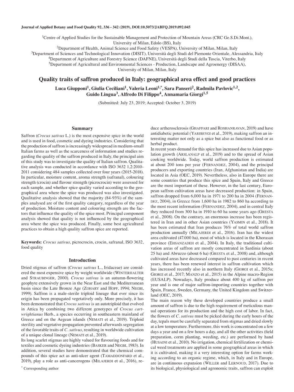 Quality Traits of Saffron Produced in Italy: Geographical Area Effect And