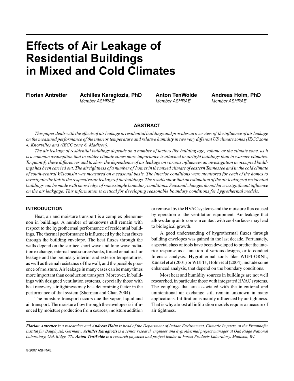 Effects of Air Leakage of Residential Buildings in Mixed and Cold Climates