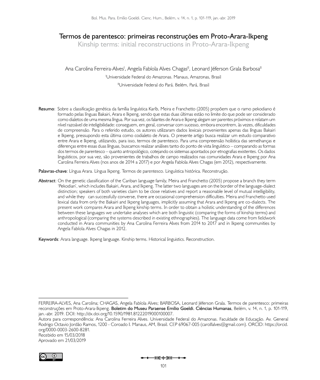 Primeiras Reconstruções Em Proto-Arara-Ikpeng Kinship Terms: Initial Reconstructions in Proto-Arara-Ikpeng