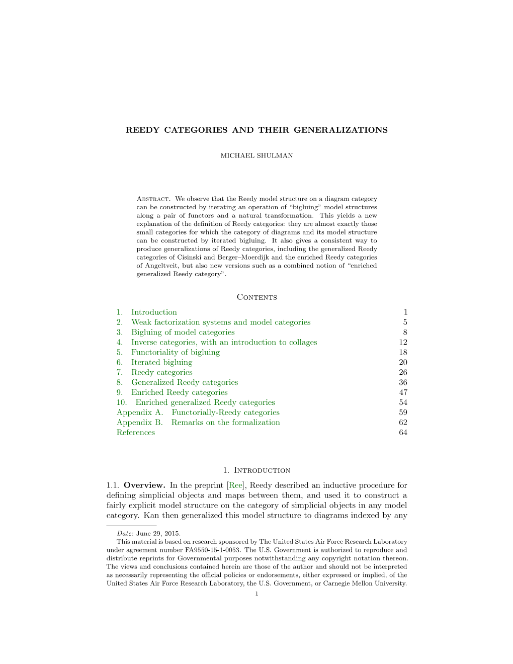 REEDY CATEGORIES and THEIR GENERALIZATIONS Contents 1