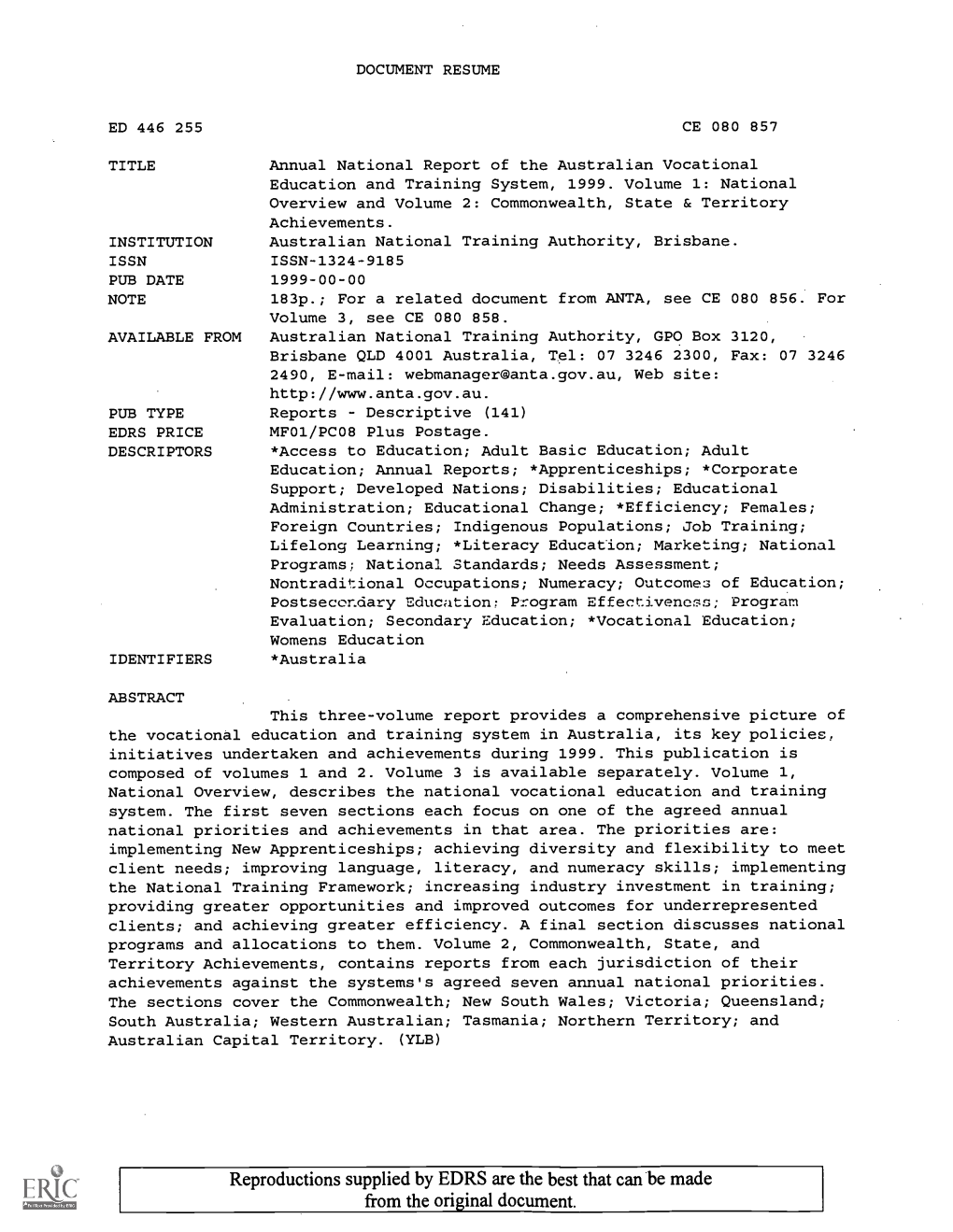 TITLE Annual National Report of the Australian Vocational Education and Training System, 1999