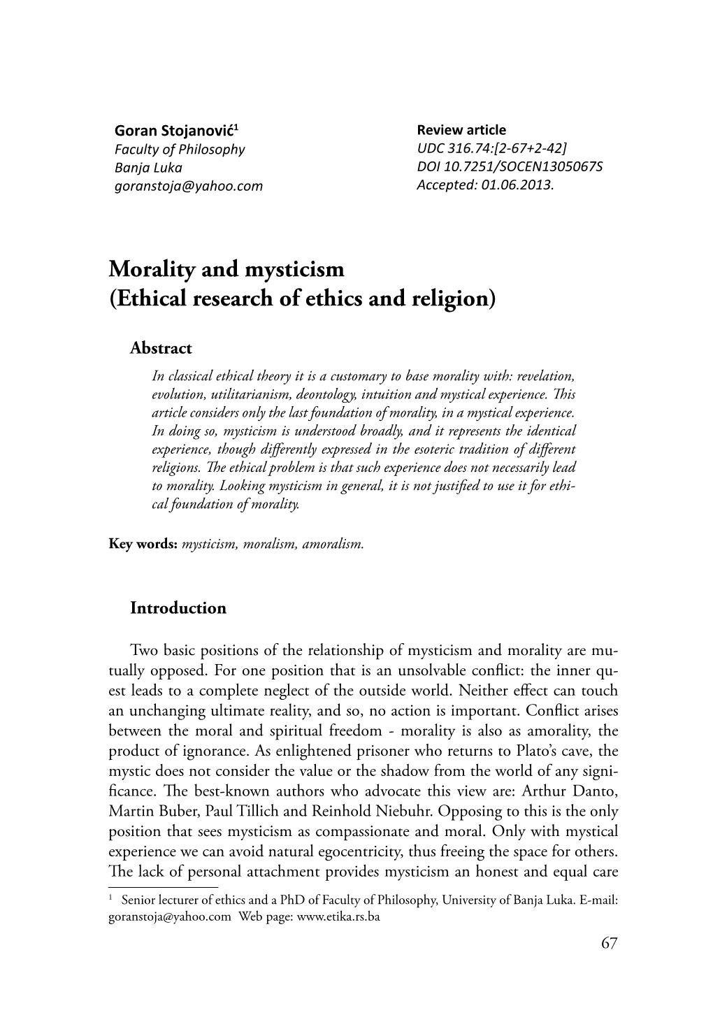 Morality and Mysticism (Ethical Research of Ethics and Religion)