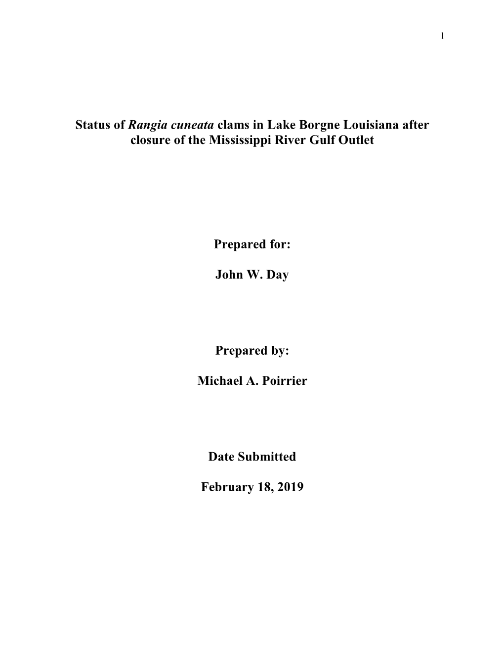 Status of Rangia Cuneata Clams in Lake Borgne Louisiana After Closure of the Mississippi River Gulf Outlet