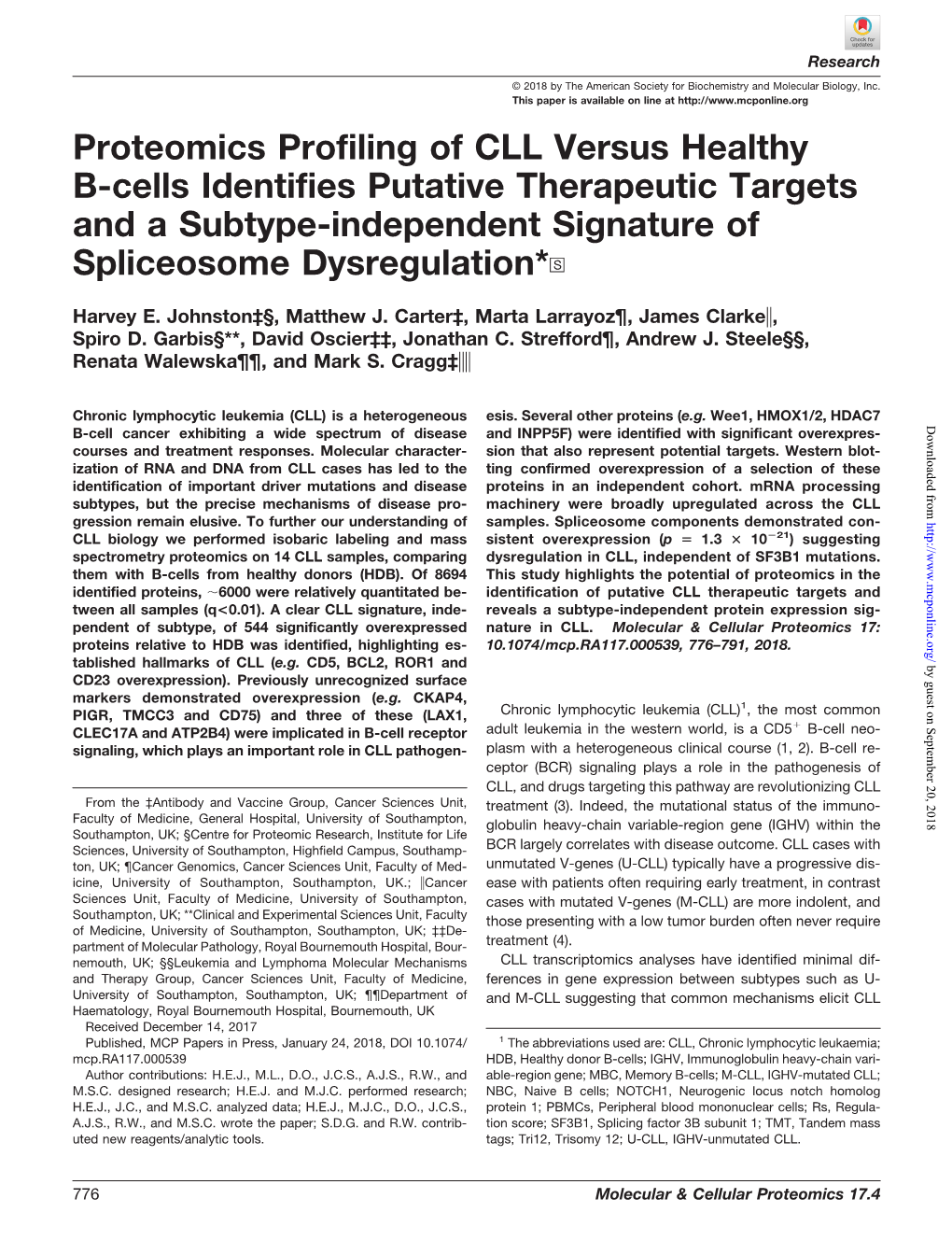 Proteomics Profiling of CLL Versus Healthy B-Cells Identifies Putative Therapeutic Targets and a Subtype-Independent Signature of Spliceosome Dysregulation*□S