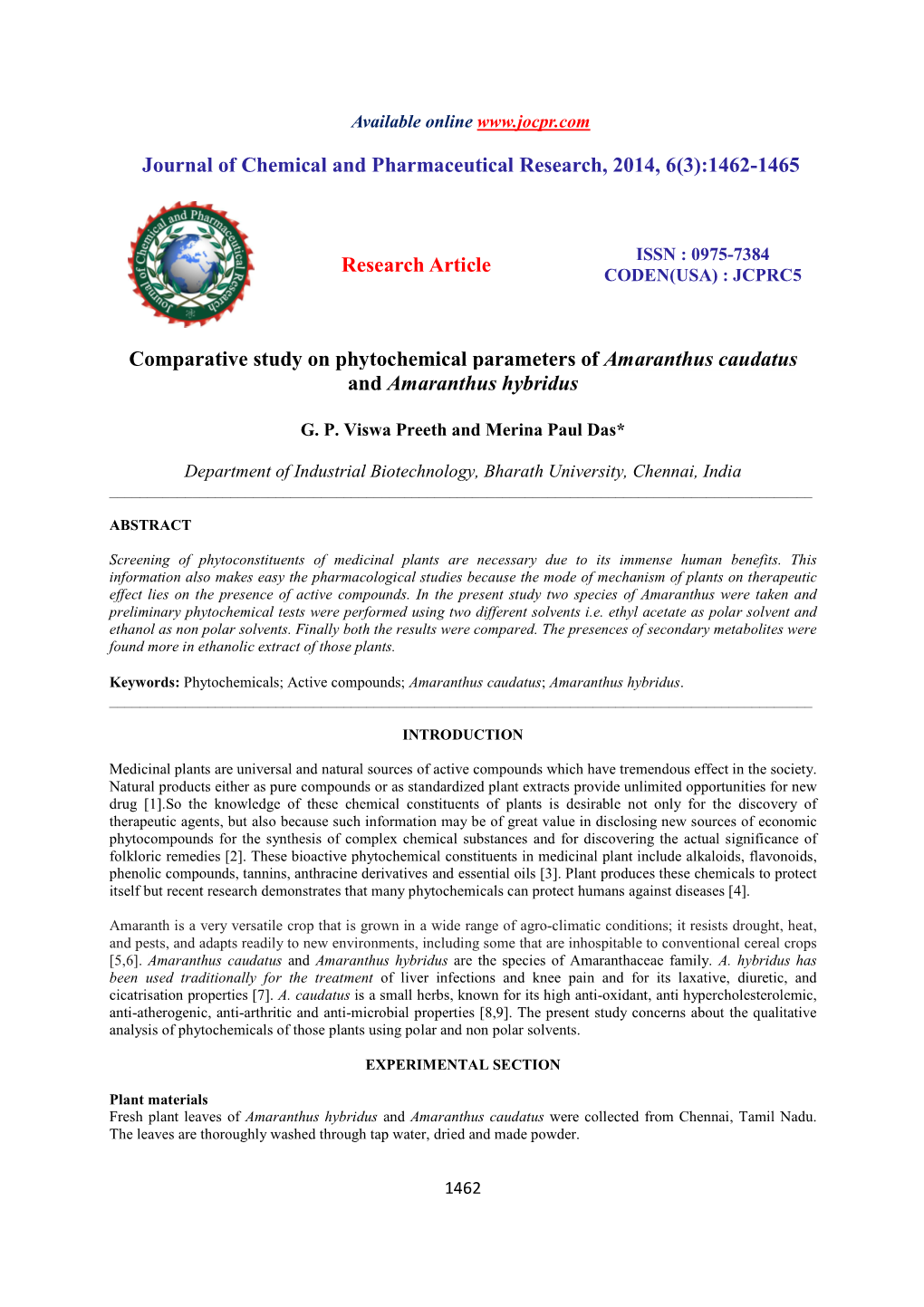Comparative Study on Phytochemical Parameters of Amaranthus Caudatus and Amaranthus Hybridus