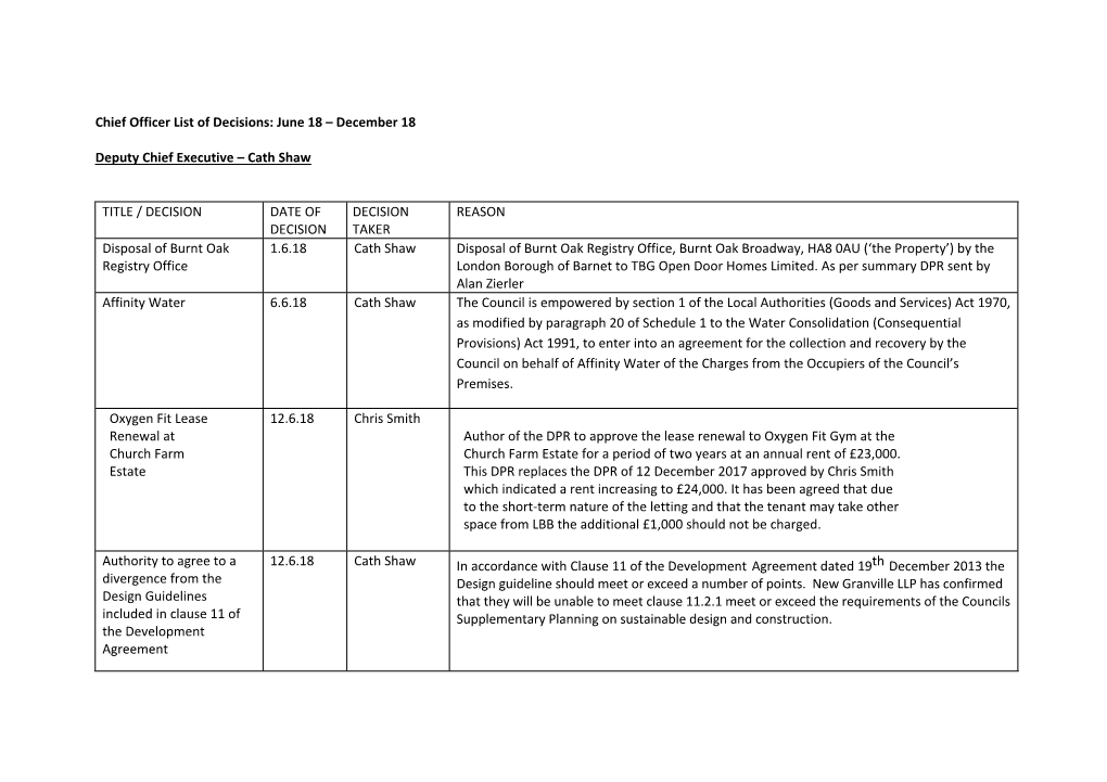 Chief Officer List of Decisions: June 18 – December 18