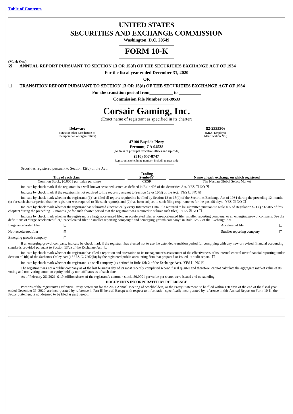 Corsair Gaming, Inc. (Exact Name of Registrant As Specified in Its Charter)