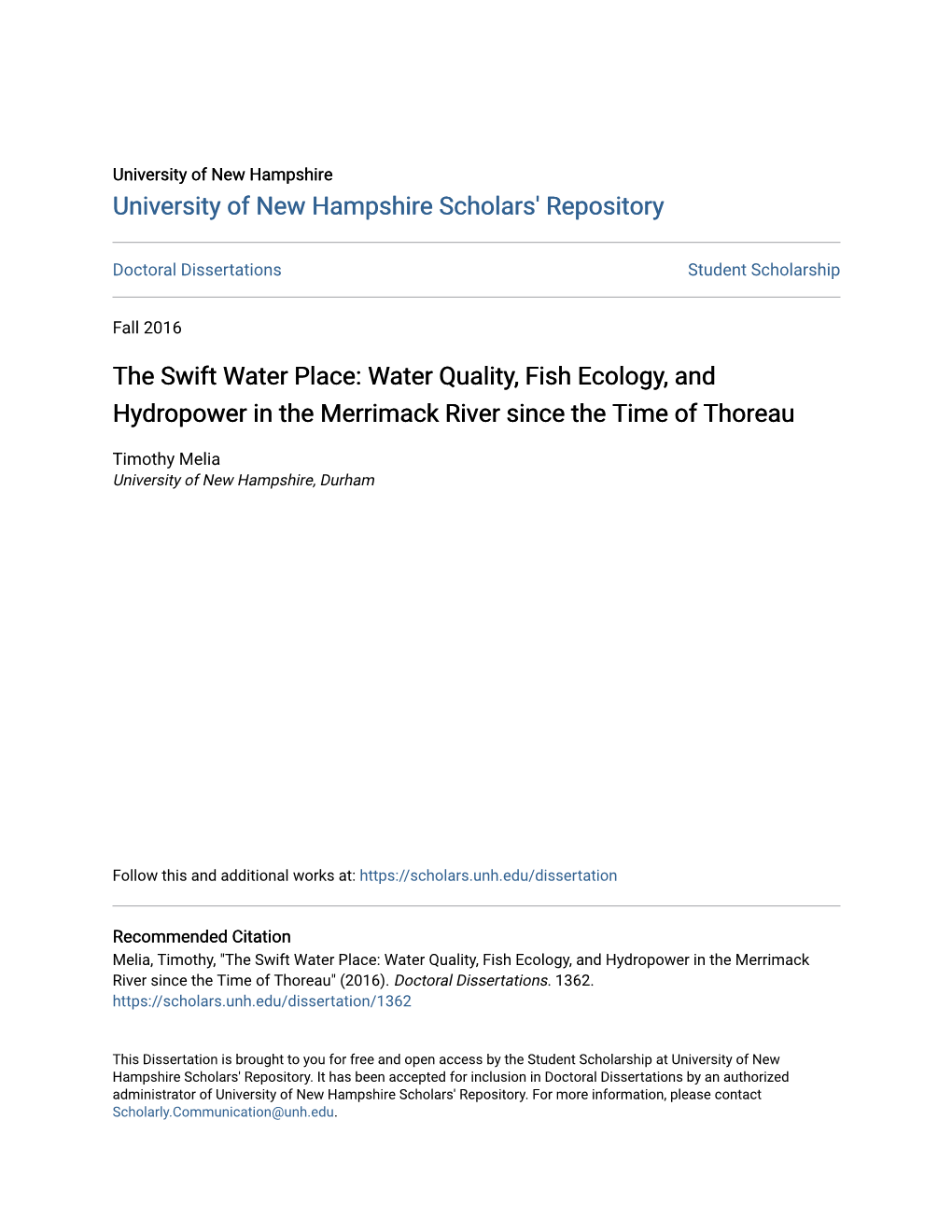 The Swift Water Place: Water Quality, Fish Ecology, and Hydropower in the Merrimack River Since the Time of Thoreau