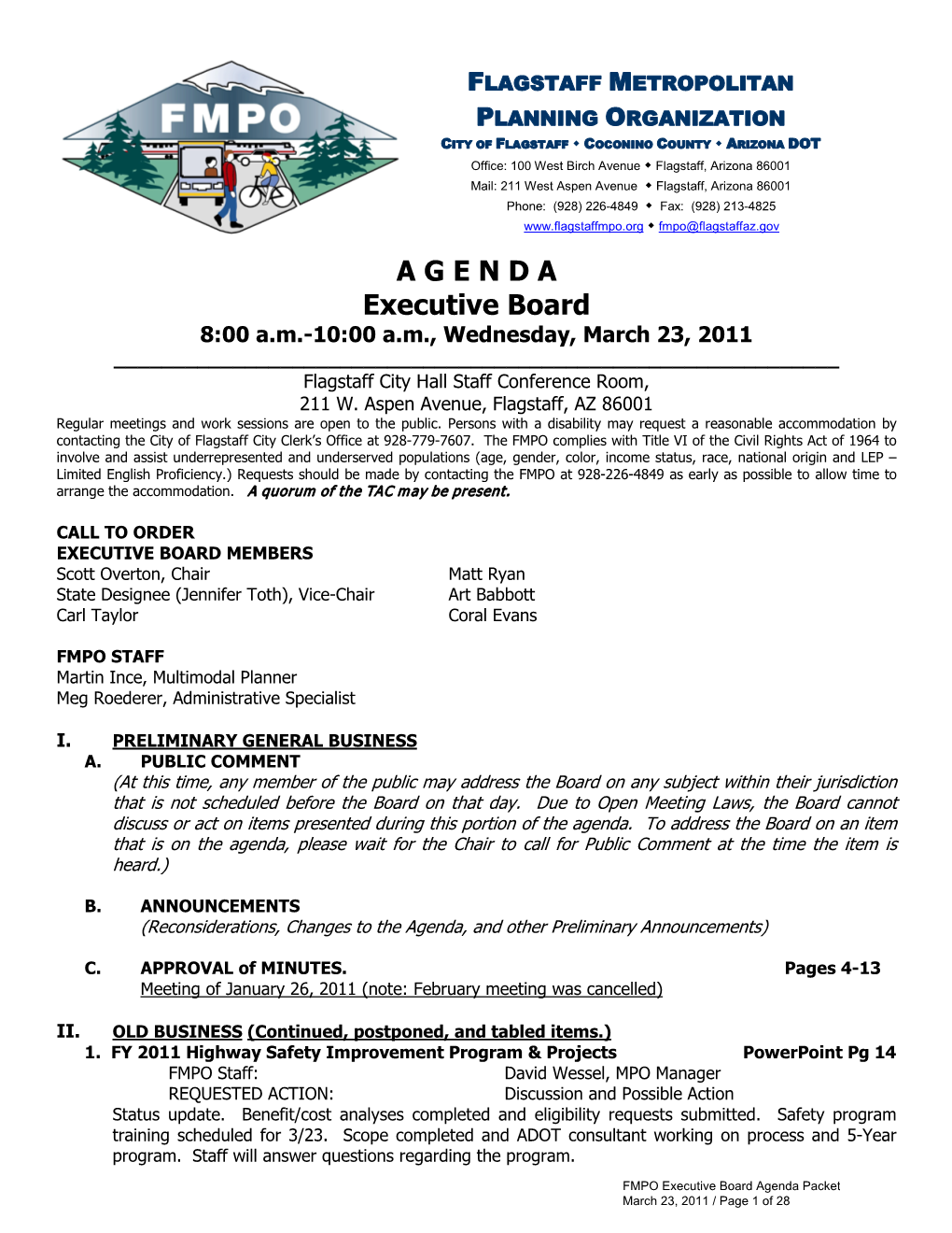 Executive Board 8:00 A.M.-10:00 A.M., Wednesday, March 23, 2011 ______Flagstaff City Hall Staff Conference Room, 211 W