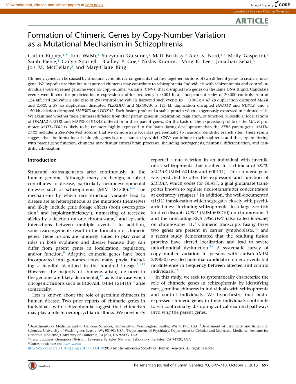 Formation of Chimeric Genes by Copy-Number Variation As a Mutational Mechanism in Schizophrenia