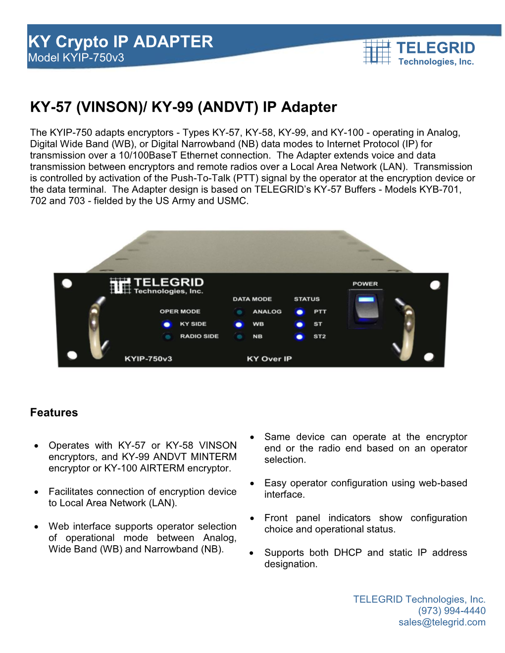 KY Crypto IP ADAPTER TELEGRID Model KYIP-750V3 Technologies, Inc