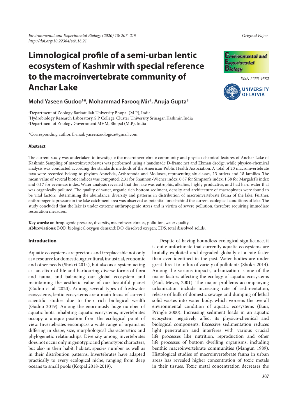 Limnological Profile of a Semi-Urban Lentic Ecosystem of Kashmir with Special Reference to the Macroinvertebrate Community of ISSN 2255-9582 Anchar Lake