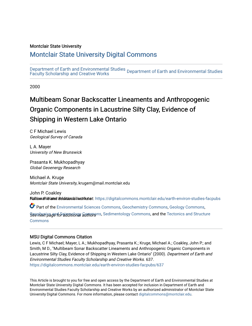 Multibeam Sonar Backscatter Lineaments and Anthropogenic Organic Components in Lacustrine Silty Clay, Evidence of Shipping in Western Lake Ontario