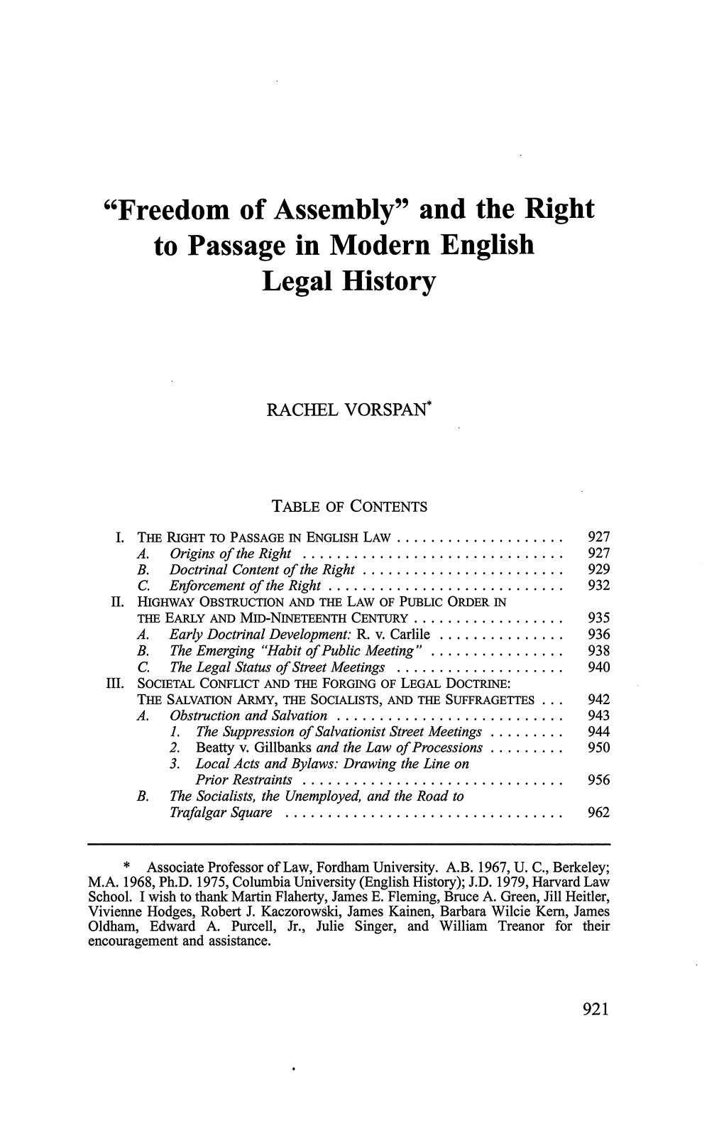 "Freedom of Assembly" and the Right to Passage in Modern English Legal History
