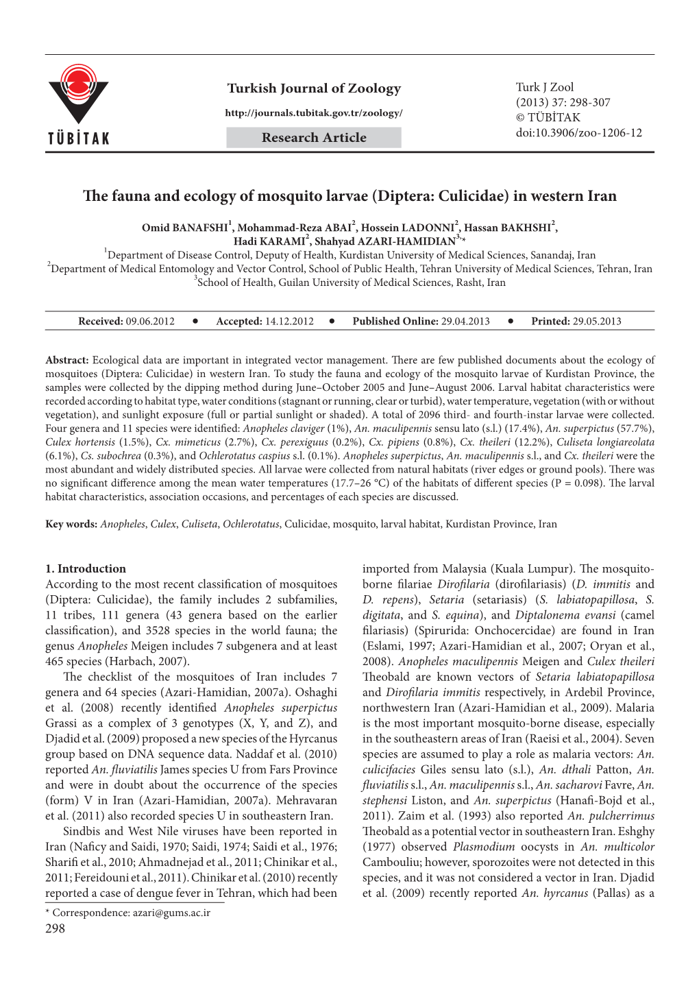 The Fauna and Ecology of Mosquito Larvae (Diptera: Culicidae) in Western Iran