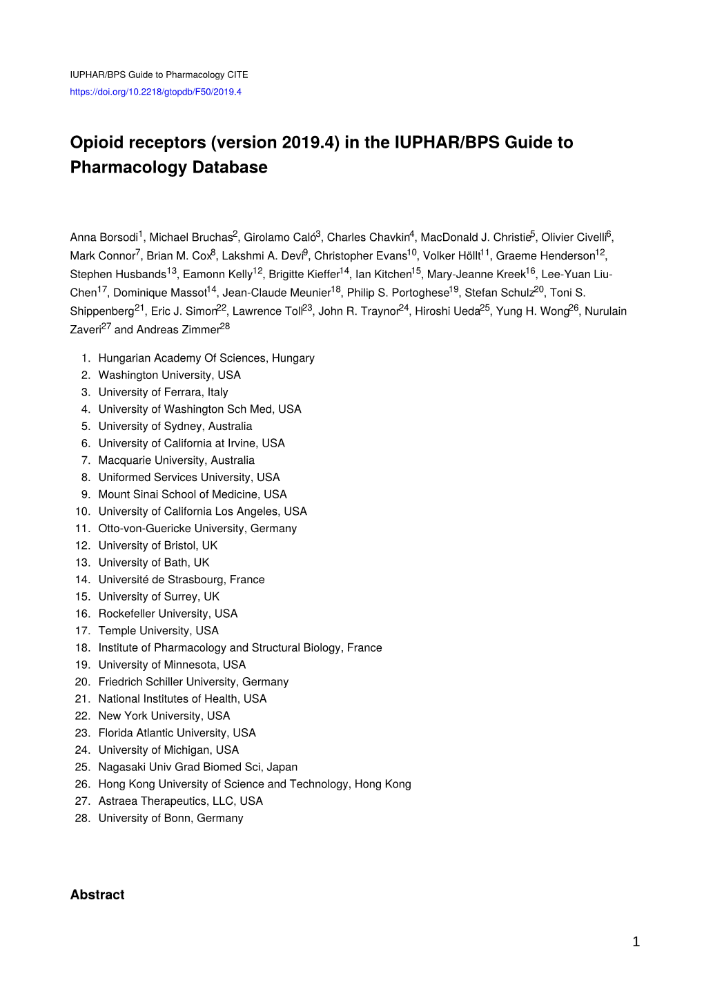 Opioid Receptors (Version 2019.4) in the IUPHAR/BPS Guide to Pharmacology Database