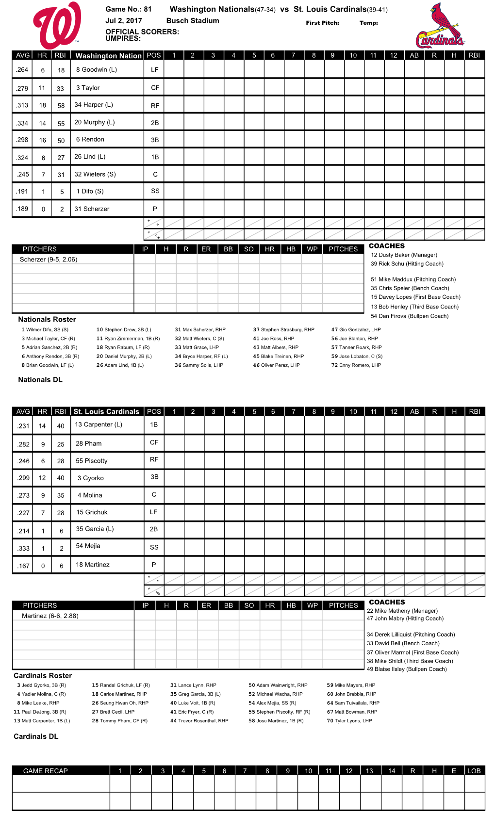 Washington Nationals(47-34) Vs St. Louis Cardinals(39-41)