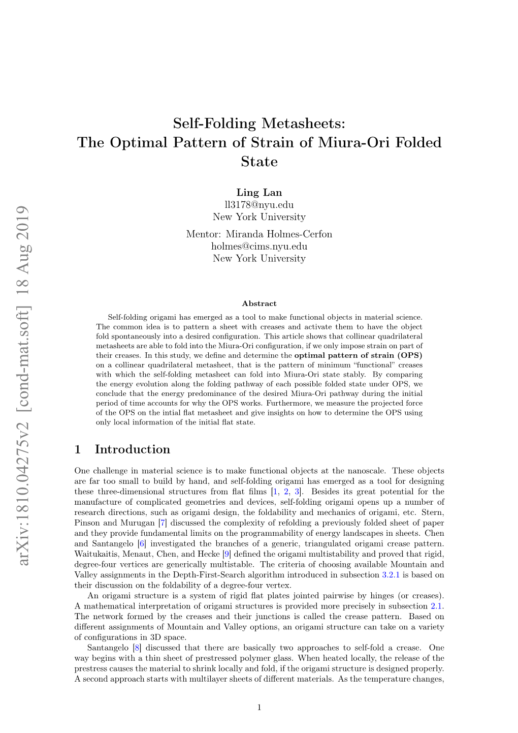 The Optimal Pattern of Strain of Miura-Ori Folded State