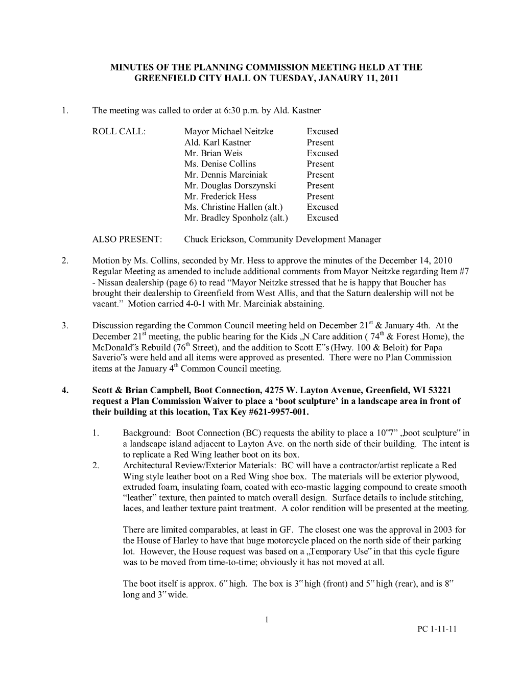 Minutes of the Planning Commission Meeting Held at the Greenfield City Hall on Tuesday, Janaury 11, 2011