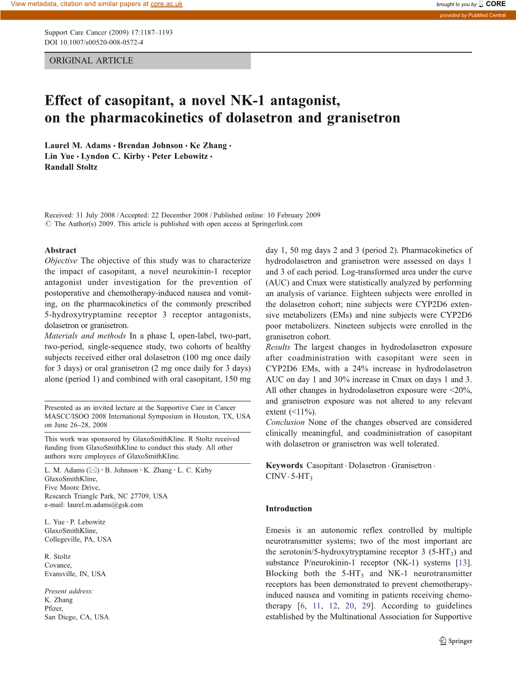Effect of Casopitant, a Novel NK-1 Antagonist, on the Pharmacokinetics of Dolasetron and Granisetron