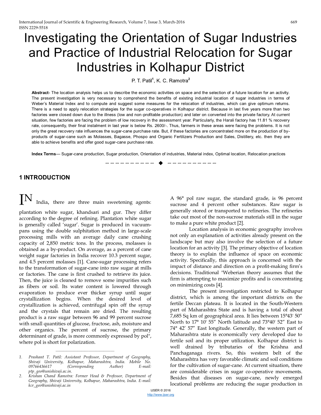 Investigating the Orientation of Sugar Industries and Practice of Industrial Relocation for Sugar Industries in Kolhapur District P