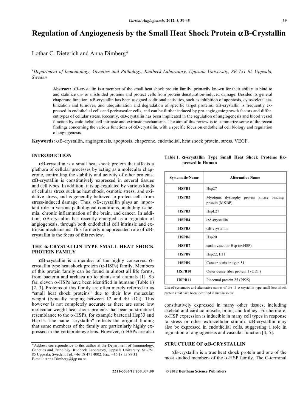 Regulation of Angiogenesis by the Small Heat Shock Protein Αb-Crystallin