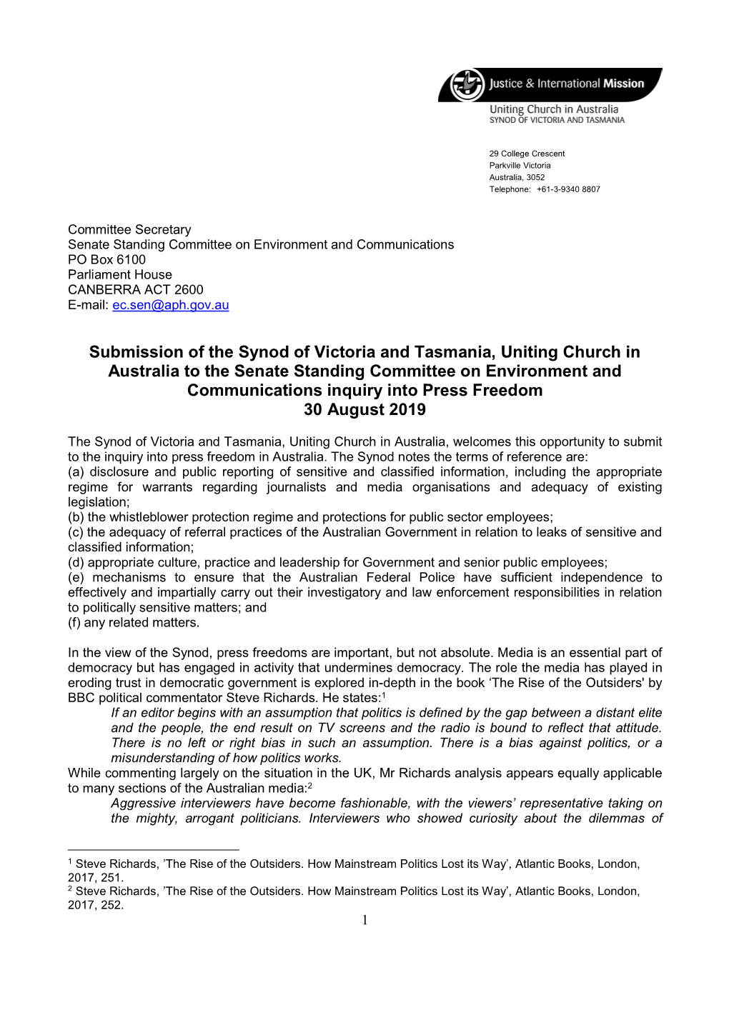Submission of the Synod of Victoria and Tasmania, Uniting Church In