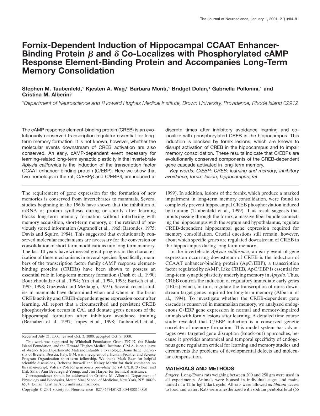 Fornix-Dependent Induction of Hippocampal CCAAT Enhancer-Binding Protein Β and Δ Co-Localizes with Phosphorylated Camp Respons