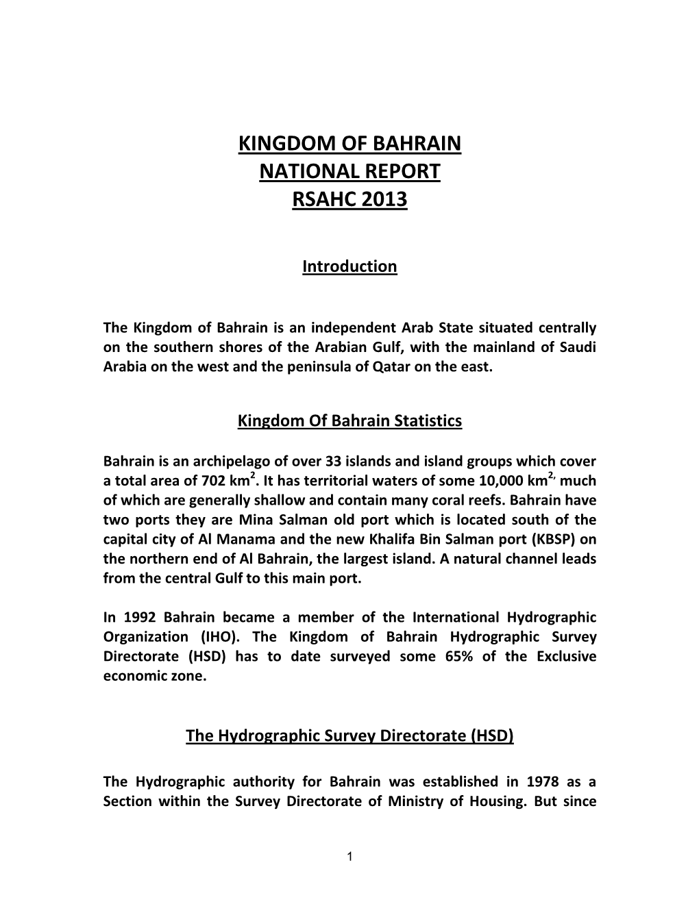 Kingdom of Bahrain National Report Rsahc 2013