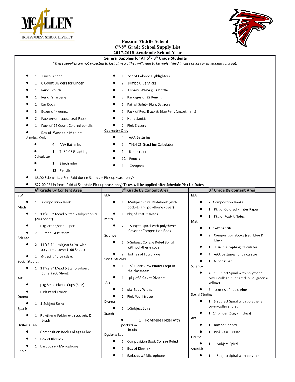 6Th-8Th Grade School Supply List