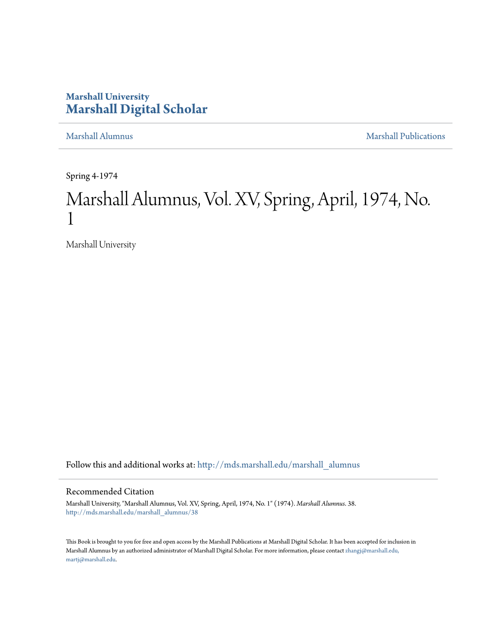 Marshall Alumnus, Vol. XV, Spring, April, 1974, No. 1 Marshall University