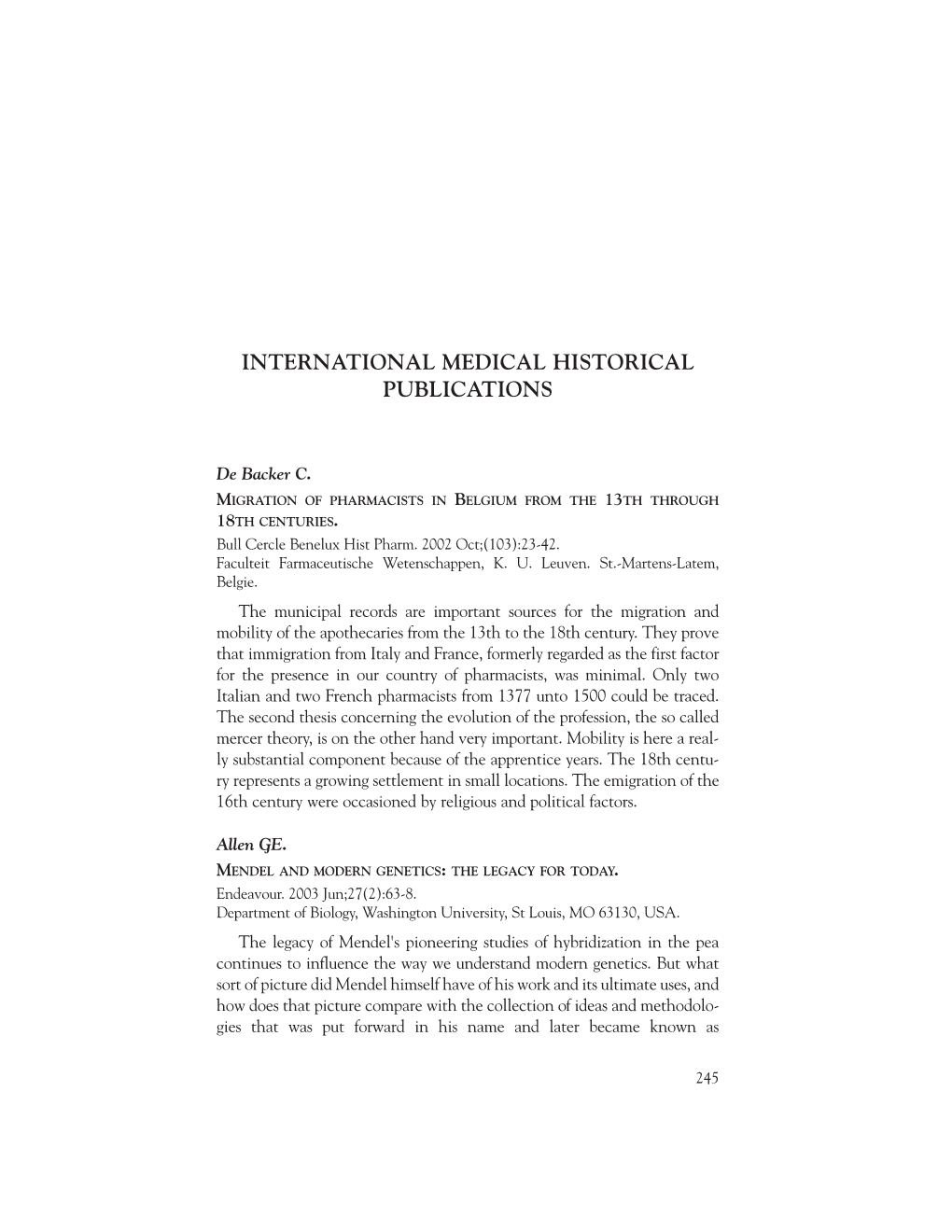 International Medical Historical Publications