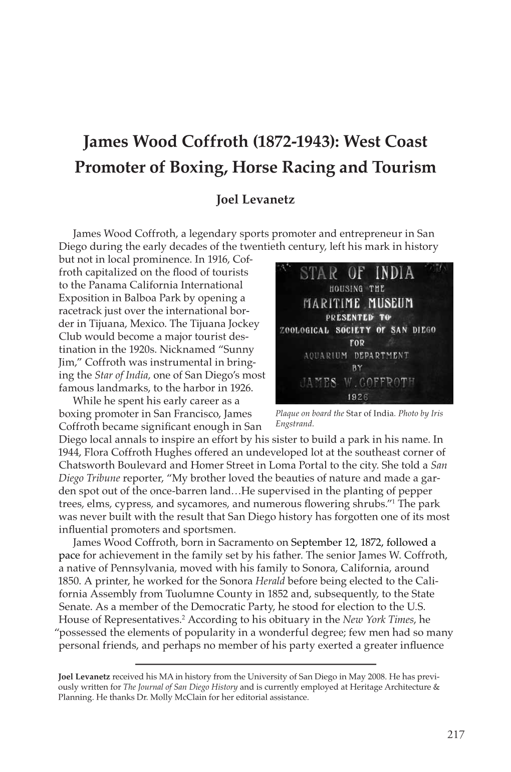 James Wood Coffroth (1872-1943): West Coast Promoter of Boxing, Horse Racing and Tourism