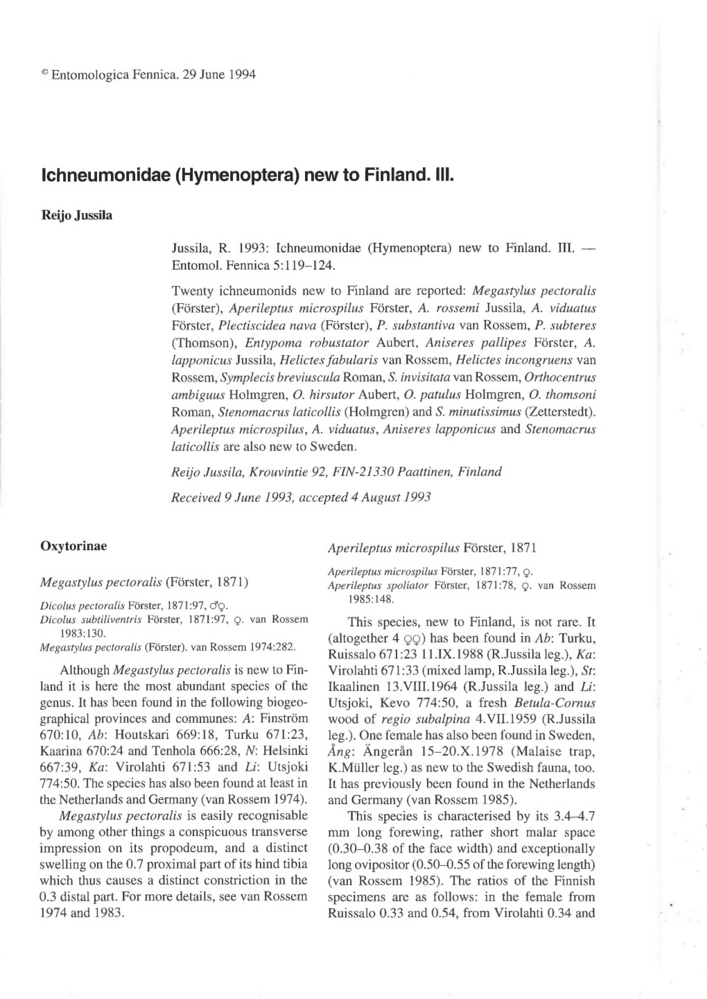 Lchneumonidae (Hymenoptera) New to Finland. Ill