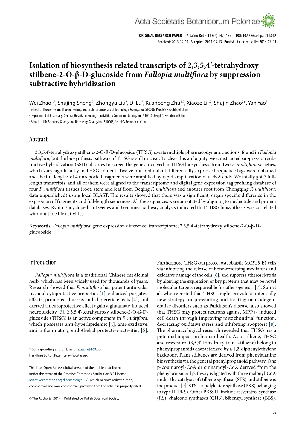 Tetrahydroxy Stilbene-2-O-Β-D-Glucoside from Fallopia Multiflora by Suppression Subtractive Hybridization