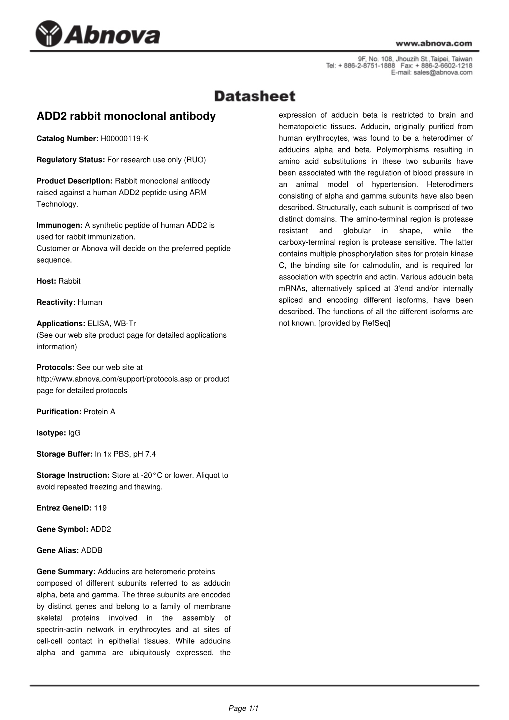 ADD2 Rabbit Monoclonal Antibody Expression of Adducin Beta Is Restricted to Brain and Hematopoietic Tissues