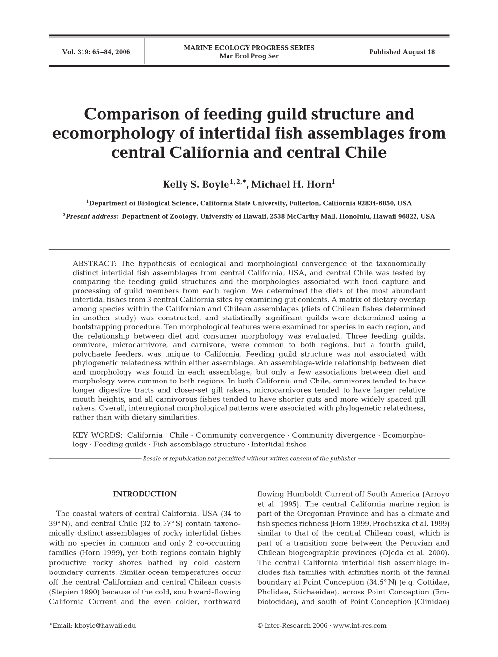 Comparison of Feeding Guild Structure and Ecomorphology of Intertidal Fish Assemblages from Central California and Central Chile