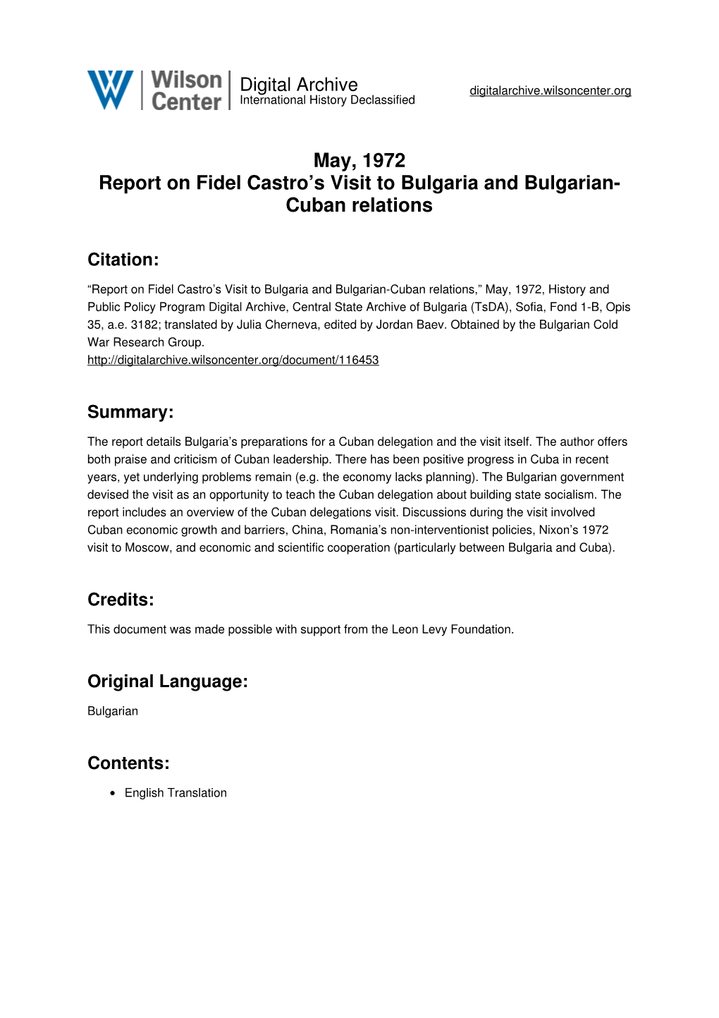 May, 1972 Report on Fidel Castro's Visit to Bulgaria and Bulgarian