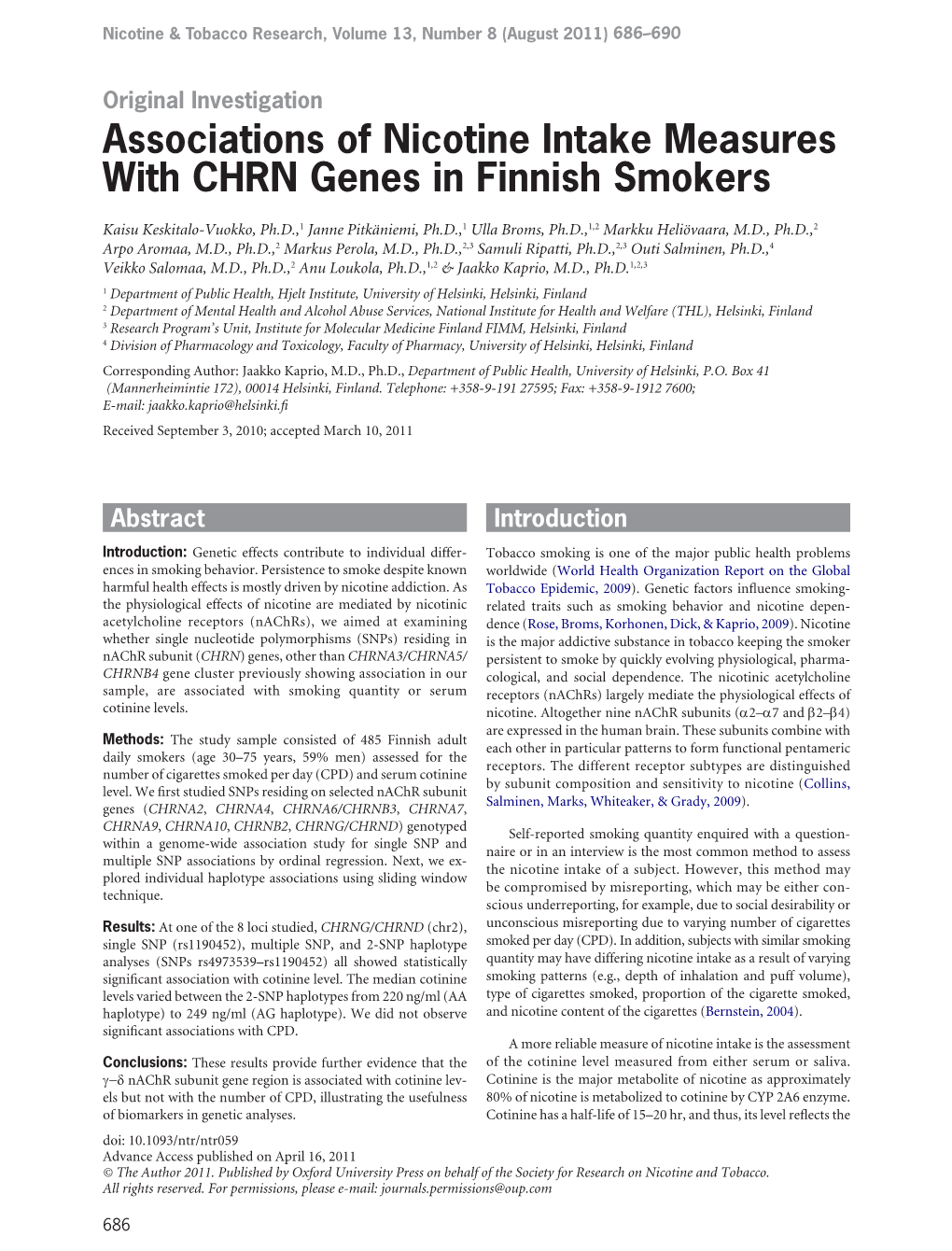 Associations of Nicotine Intake Measures with CHRN Genes in Finnish Smokers