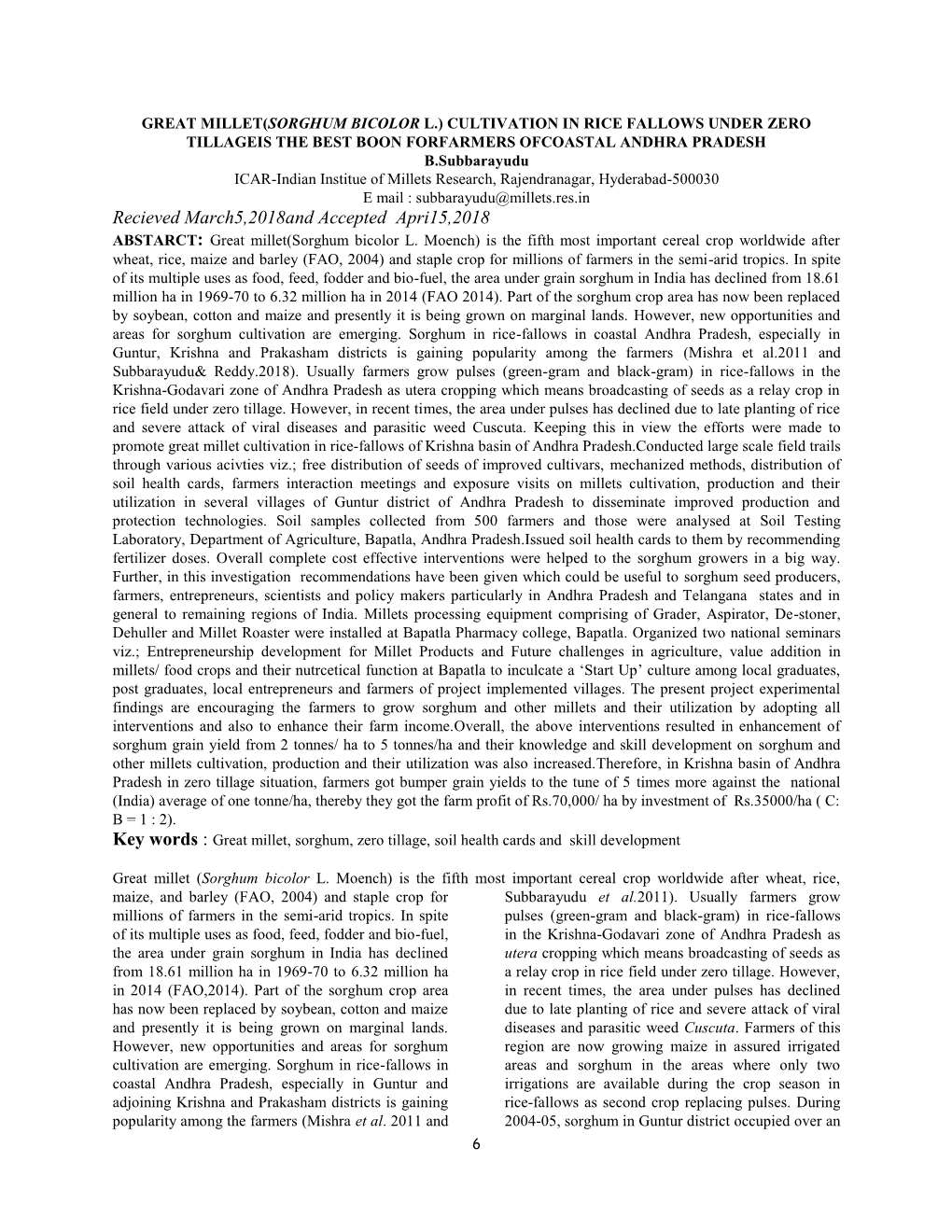 Recieved March5,2018And Accepted Apri15,2018 ABSTARCT: Great Millet(Sorghum Bicolor L