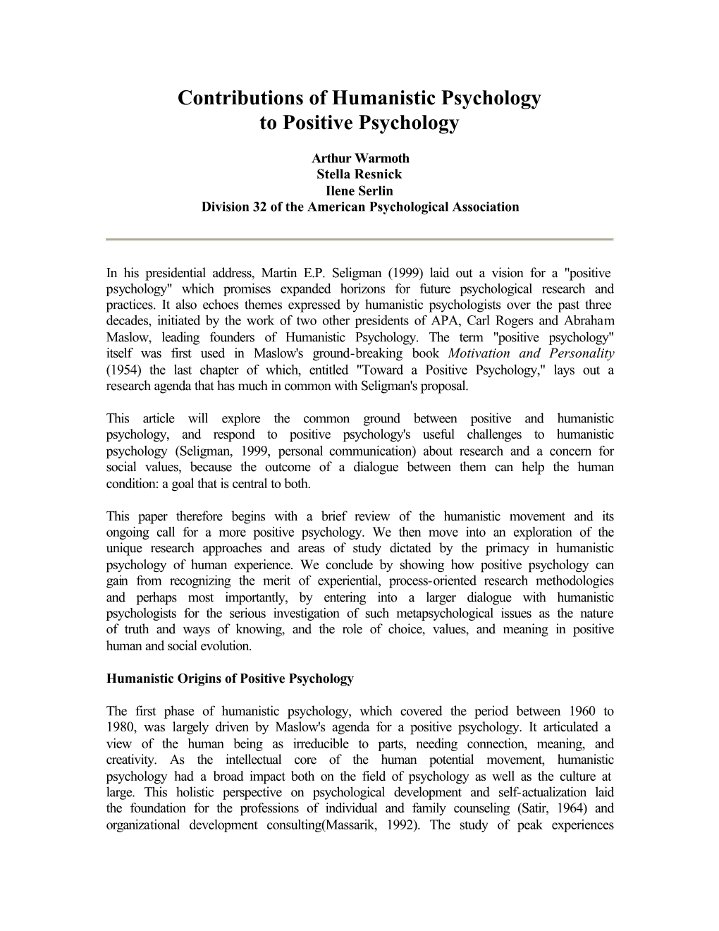 Contributions of Humanistic Psychology to Positive Psychology