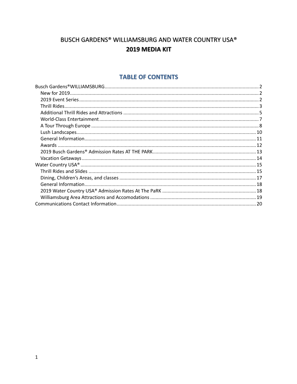 Busch Gardens® Williamsburg and Water Country Usa® 2019 Media Kit Table of Contents