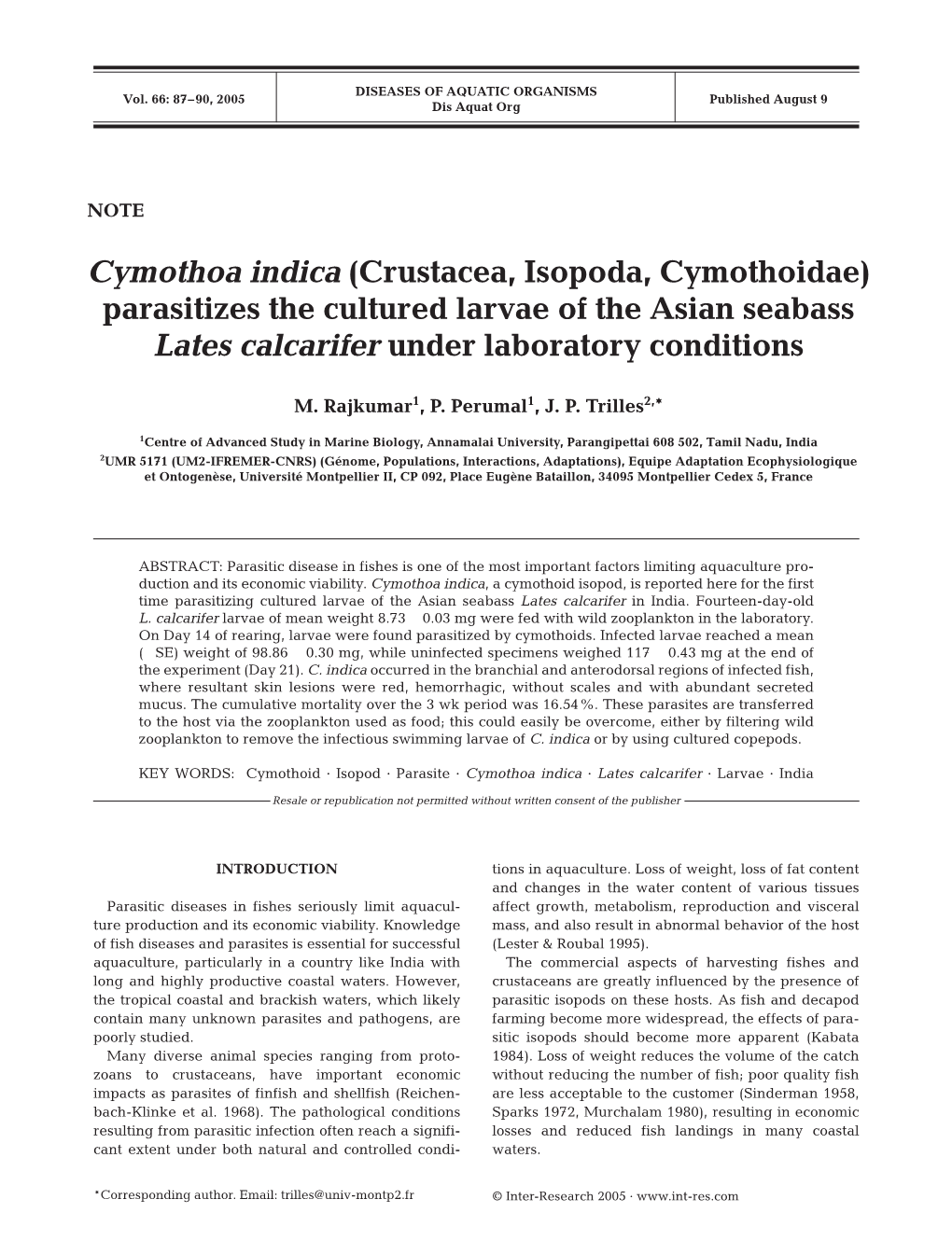 Parasitizes the Cultured Larvae of the Asian Seabass Lates Calcarifer Under Laboratory Conditions